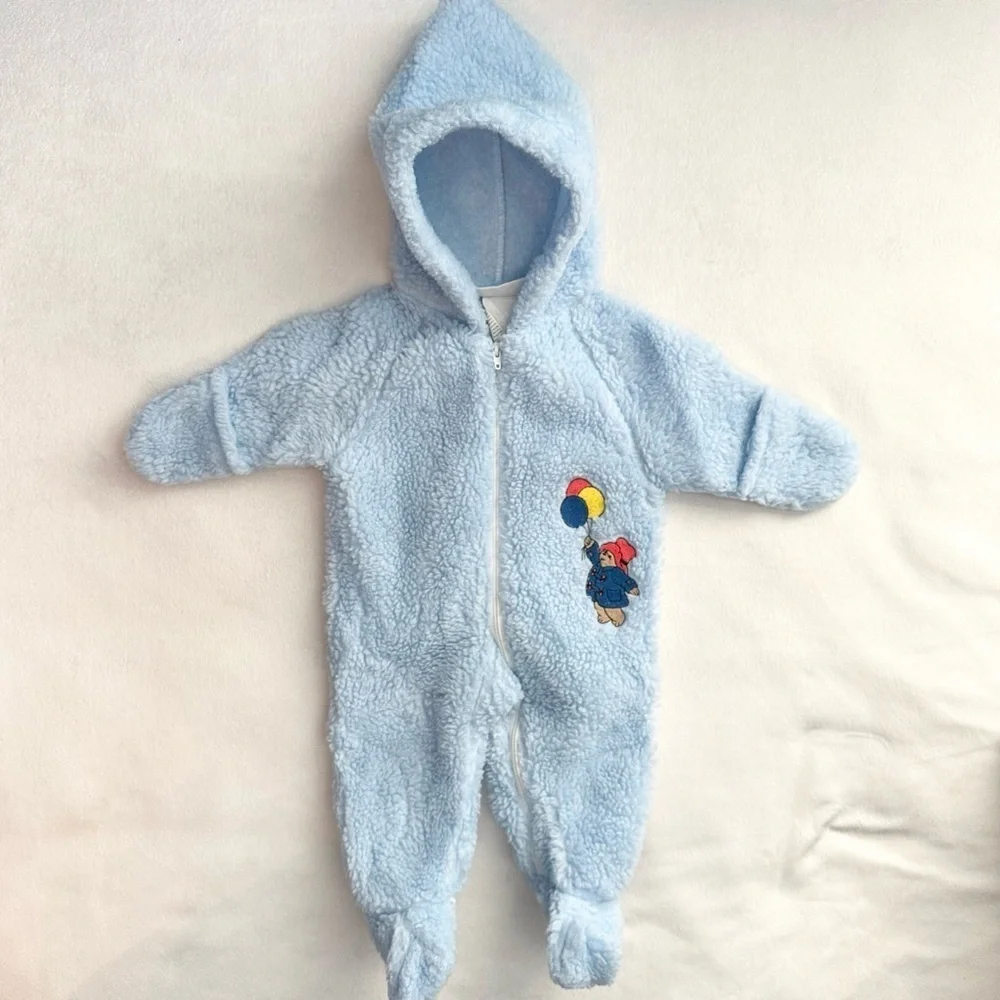 Vtg Paddington Baby Blue Fuzzy Sherpa Hooded Footie Outfit 0-6M bodysuit snow